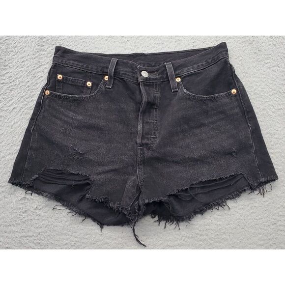 Levi's Premium‎ Shorts Womens Black Denim Cut Off Pockets Flat Front Button Fly - Picture 1 of 8
